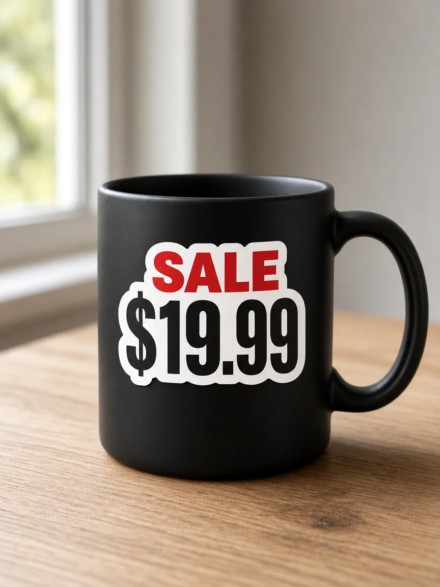 Black mug after the NEW badge is removed, the price is $19.99, and SALE is added