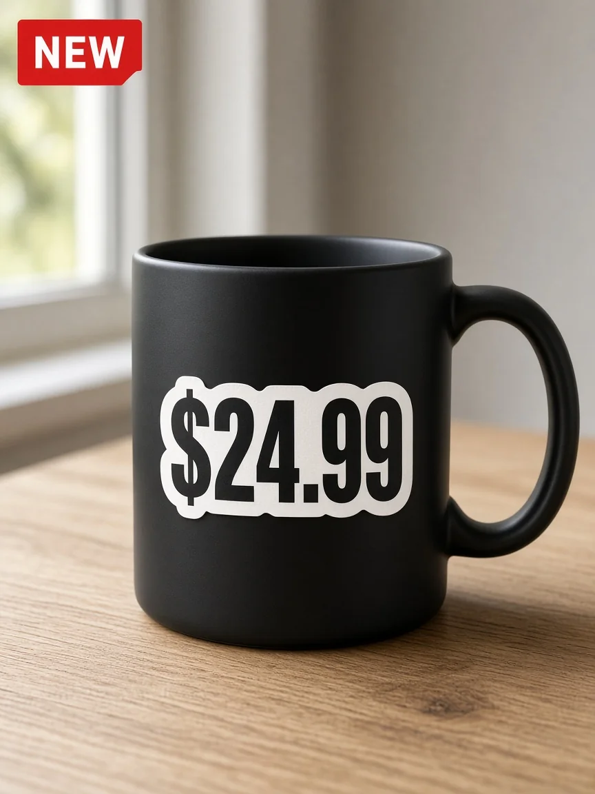 Black mug with a NEW badge and a $24.99 sticker while Retypit prepares the editor