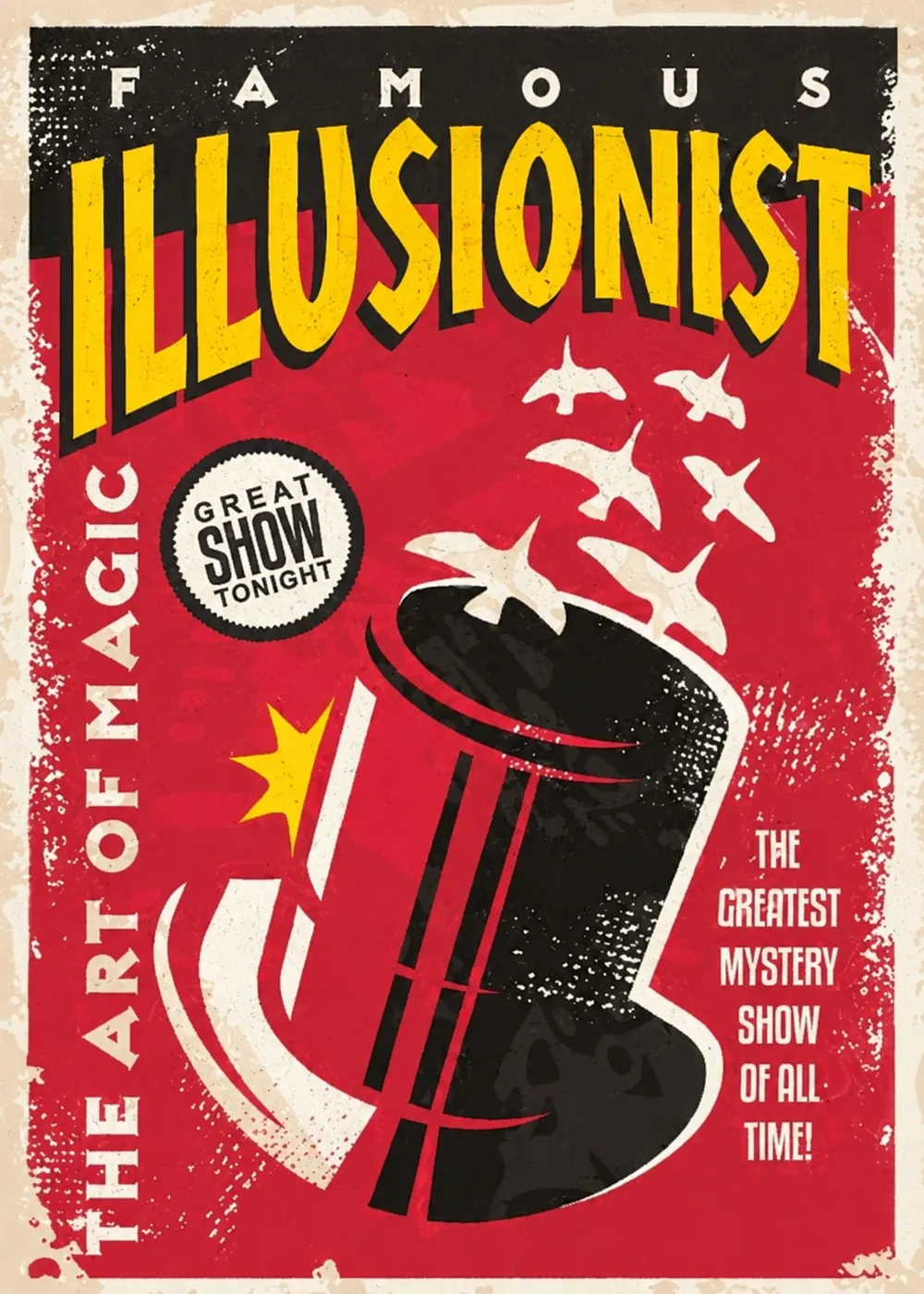 Vintage poster headline changed from MAGICIAN to ILLUSIONIST with the same condensed lettering, shadow and worn texture