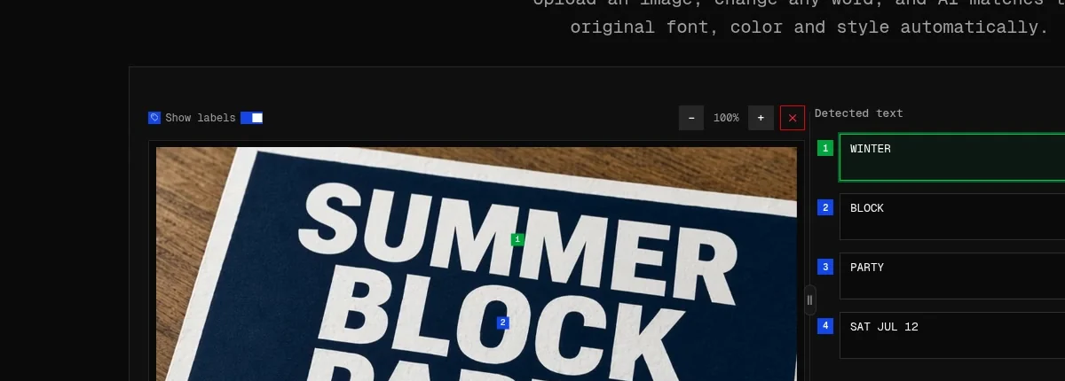 Retyping the headline of a flyer from SUMMER to WINTER in the Retypit edit panel