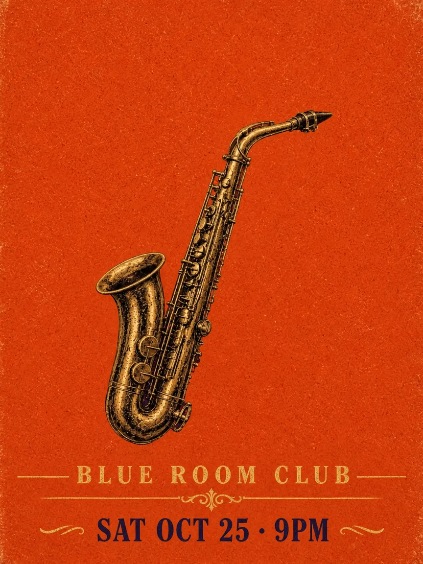 Jazz poster after removing LIVE and NIGHT text, saxophone and club name unchanged