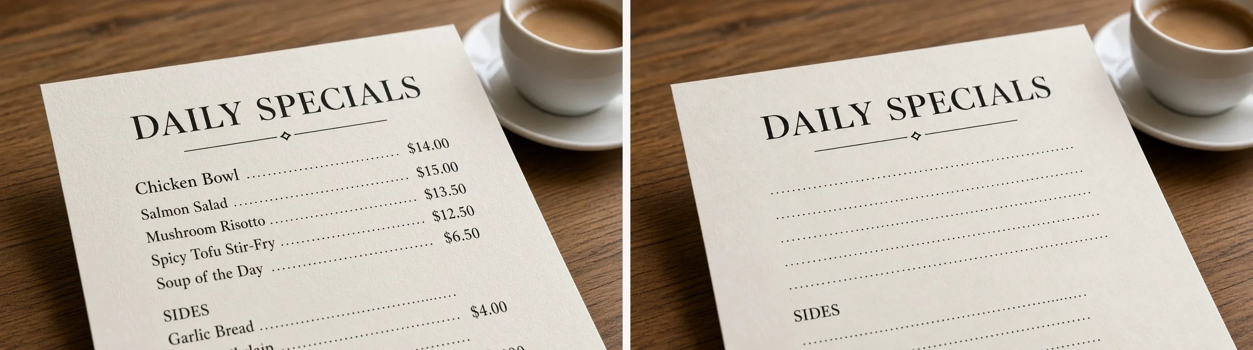Menu photo before and after price removal